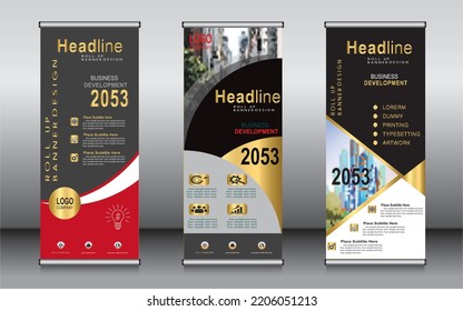 Gold roll up banner template design,banner layout, advertisement, pull up, polygon background.