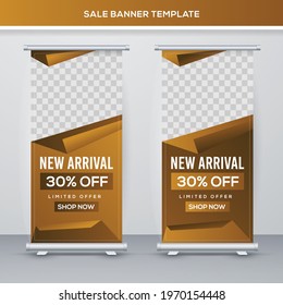 Gold roll up banner template graphic illustration design.