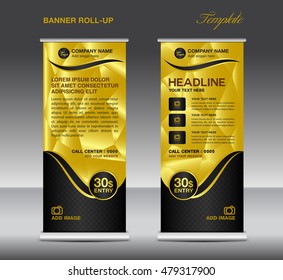 Gold Roll up banner template vector, roll up stand, banner design, stand design, display, polygon background