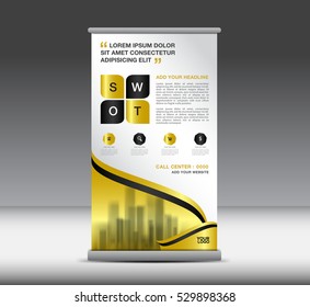 Gold Roll Up Banner template vector illustration, banner design, standy design, display, advertisement,x-banner