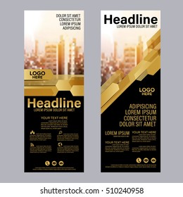 Gold Roll Up Layout Template. Flag Flyer Business Banner Backdrop Design. Vector Illustration Background