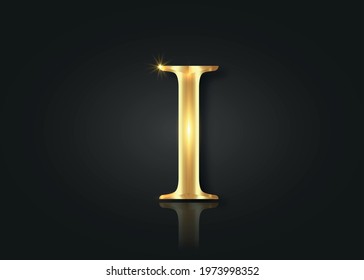 Gold Roman Number one collection isolated on black background. Letter I, Elegant ancient number font 1 old golden luxury math for templates and  counting. Vector shiny metallic retro style