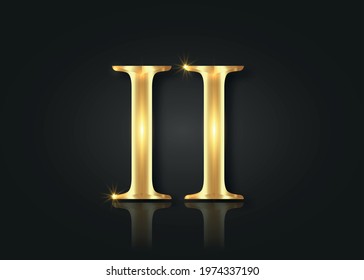 Gold Roman Number two collection isolated on black background. Elegant ancient number font 2 old golden luxury math for templates and  counting. Vector shiny metallic retro style