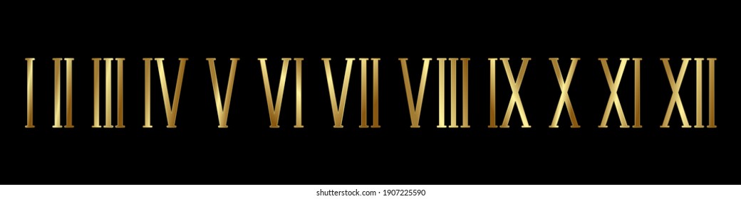 Gold roman numerals black background set. Elegant ancient number font 1 to 12 old luxury math for templates and retro vector counting.