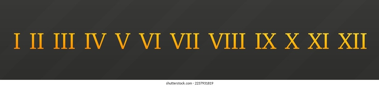 Gold roman numerals black background set. Elegant ancient number font 1 to 12 old luxury math for templates and retro vector counting. Vector illustration