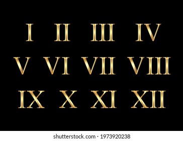 Gold Roman Numerals set collection isolated on black background. Elegant ancient number font 1 to 12 old golden luxury math for templates and  counting. Vector shiny metal retro style