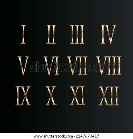 Gold Roman Numerals set. Elegant ancient number golden luxury math for templates and counting. 