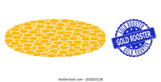 Gold Rooster dirty round stamp seal and vector recursive collage gold disk. Blue stamp seal has Gold Rooster caption inside round shape. Vector mosaic is created of random gold disk items.