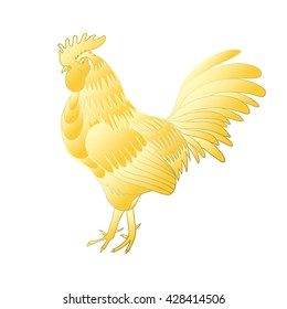 Gold rooster on white background looking at left. Chinese calendar Zodiac for 2017 New Year of rooster. Rooster golden silhouette. Hand drawing doodle with gradients. Chinese Happy New Year. 