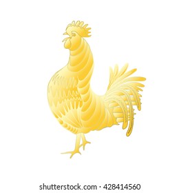 Gold rooster on white background looking at left. Chinese calendar Zodiac for 2017 New Year of rooster. Rooster golden silhouette. Hand drawing doodle with gradients. Chinese Happy New Year. 