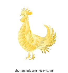 Gold rooster on white background looking at left. Chinese calendar Zodiac for 2017 New Year of rooster. Rooster golden silhouette. Hand drawing doodle with gradients. Chinese Happy New Year. 