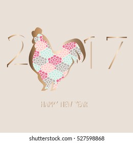  Gold Rooster and pattern symbol of 2017 on cream background. Vector element for New Year's design.