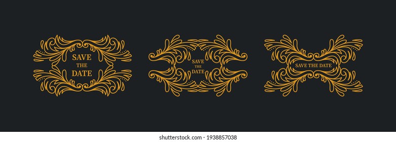 El elemento de marco Gold Rope sobre un fondo oscuro con un lugar para el texto es guardar la fecha. corona natural para tarjetas de invitación, guardar la fecha, diseño de tarjeta de boda usar estilo retro.