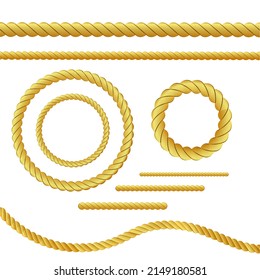 Gold rope of realistic nautical twisted rope knots, loops for decoration and covering isolated on transparent background. Retro vintage art design