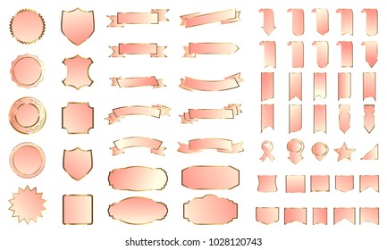 Gold rose banner ribbon label vector set background with isolated fancy badge vintage sticker and decorative border icon for frame. Festive colorful tag design award of gift illustration collection