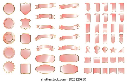 Gold rose banner ribbon label vector set background with isolated fancy badge vintage sticker and decorative border icon for frame. Festive colorful tag design award of gift illustration collection
