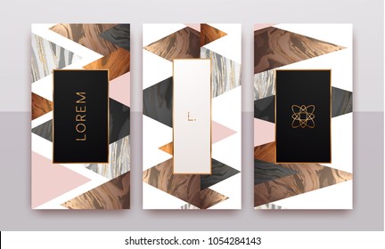 Gold, rose gold, black and white marble template, artistic covers design, colorful texture, geometric backgrounds. Trendy pattern, graphic poster, brochure, cards. Vector illustration.