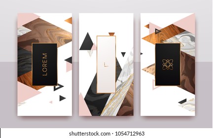 Gold, rose gold, black and white marble template, artistic covers design, colorful texture, geometric backgrounds. Trendy pattern, graphic poster, brochure, cards. Vector illustration.