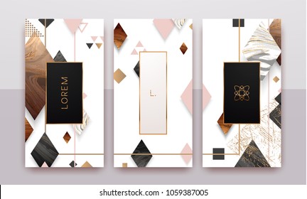 Gold, rose gold, black and white marble template, artistic covers design, colorful texture, geometric backgrounds. Trendy pattern, graphic poster, brochure, cards. Vector illustration.