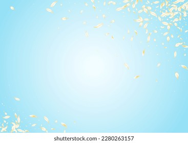 Gold Rose Blur Vector Blue Background. Beige Fly Lotus Poster. Yellow Cherry Fall Cover. White Petal Japanese Texture. Falling Sakura Pattern.