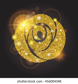Gold rose with bright sequins. Large solar flare, glow, holiday, ornaments for design. Vector illustration