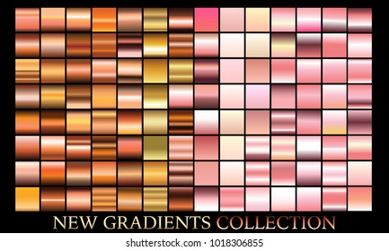 Gold rose bronze gradient set background vector icon texture metallic illustration for frame, ribbon, banner, coin and label. Realistic abstract golden design seamless pattern. Shine light template
