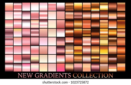 Gold rose bronze gradient set background vector icon texture metallic illustration for frame, ribbon, banner, coin and label. Realistic abstract golden design seamless pattern. Shine light template