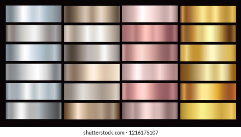 Gold rose, bronze, silver and gold foil texture gradation background set. Vector golden elegant, shiny and metalic gradient collection for chrome border, frame, ribbon, label design - Shutterstock ID 1216175107
