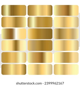 Gold rose, bronze, silver and gold foil texture gradation background set. Vector golden elegant, shiny and metalic gradient collection for chrome border, frame, ribbon, label design