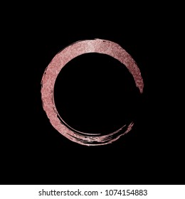 Gold rose brush stroke in form circle. Pink sparkle circle frame. Copper metal paint texture isolated on black background. 