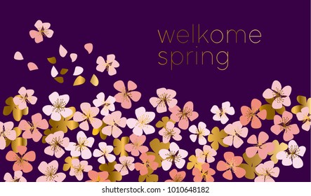 Gold rose color decorative cherry blossom. Spring floral vector illustration for card, invitation, header. japan sakura branch with blooming flowers.