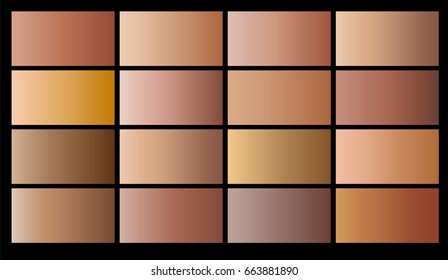 Gold rose, copper, bronze golden  foil texture background set. Vector elegant, shiny and metal gradient collection palette for border, frame, ribbon design
