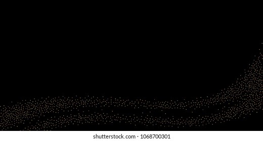 Gold, rose, copper glitter confetti. Scattered little sparkling stars. Flashing red, rose, glitter elements. Random stellar falling on New Year, Christmas black background. Vector illustration.