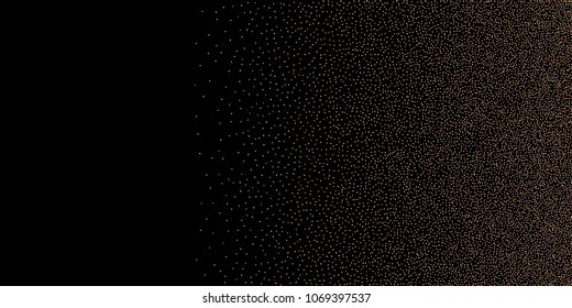 Gold, rose, copper glitter confetti. Scattered little sparkling stars. Flashing red, rose, glitter elements. Random stellar falling on New Year, Christmas black background. Vector illustration.