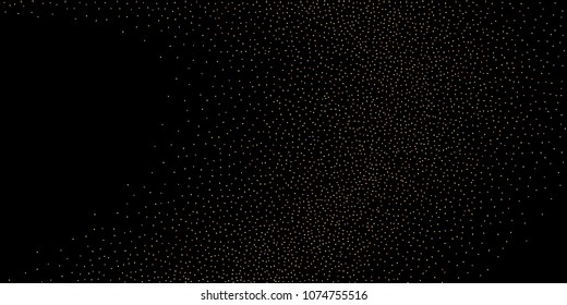 Gold, rose, copper glitter confetti. Scattered little sparkling stars. Flashing red, rose, glitter elements. Random stellar falling on New Year, Christmas black background. Vector illustration.