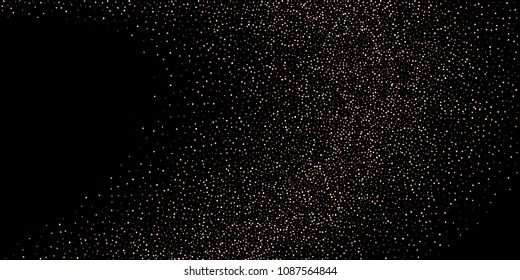 Gold, rose, copper glitter confetti. Scattered little sparkling stars. Flashing red, rose, glitter elements. Random stellar falling on New Year, Christmas black background. Vector illustration.