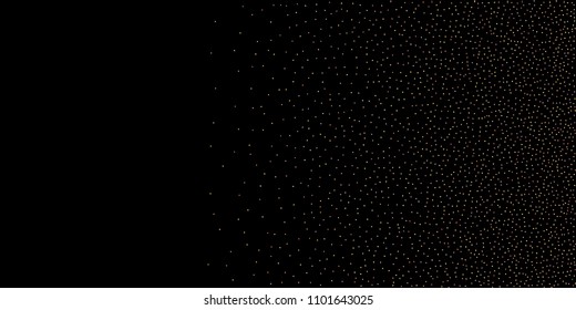 Gold, rose, copper glitter confetti. Scattered little sparkling stars. Flashing red, rose, glitter elements. Random stellar falling on New Year, Christmas black background. Vector illustration.