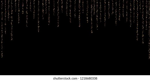 Gold, rose, copper glitter confetti. Scattered little sparkling stars. Flashing red, rose, glitter elements. Random stellar falling on New Year, Christmas black background. Vector illustration.