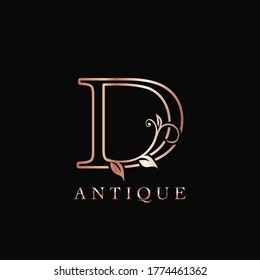 Gold Rose D Luxury Letter Logo Template Design. Monogram antique ornate nature floral leaf with initial letter gold rose color.