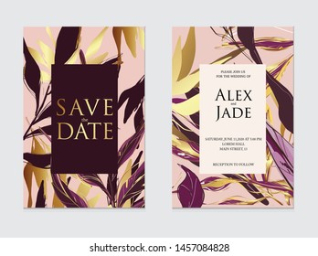 Gold, rose gold, dark violet and black palm tropical wedding card  template, artistic covers design. Gold foil elements.  Trendy pattern, graphic poster, brochure, cards. Vector illustration