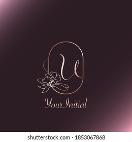 Diseño de vectores de flor de marco monograma de la naturaleza de la letra U inicial de la rosa dorada