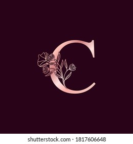 Gold Rose Flower Letter C Luxury Logo. Elegant alphabet monogram nature floral ornate initial letter vector design.