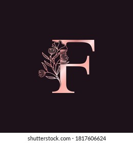 Gold Rose Flower Letter F Luxury Logo. Elegant alphabet monogram nature floral ornate initial letter vector design.