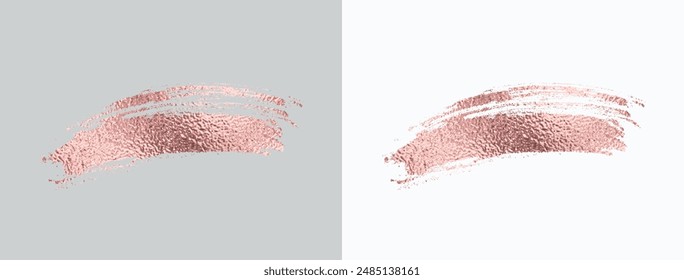 Trazo de brocha de lámina de oro rosa. Gránulos de brillo rosado, grunge o manchas de textura de pintura aislados en fondos grises y blancos. Vector brillante metálico brushstroke elemento diseño