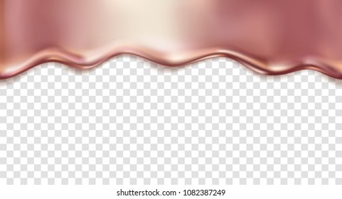 Gold rose foil drip pattern isolated on transparent background. Golden oil, metal pink flow texture. Vector gradient gold liquid smooth border template for your advertising design.