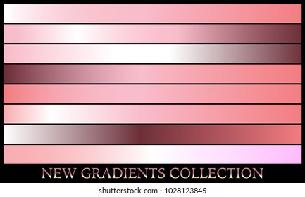 Gold rose gradient set background vector icon texture metallic illustration for frame, ribbon, banner, coin and label. Realistic abstract golden design seamless pattern. Elegant light shine template