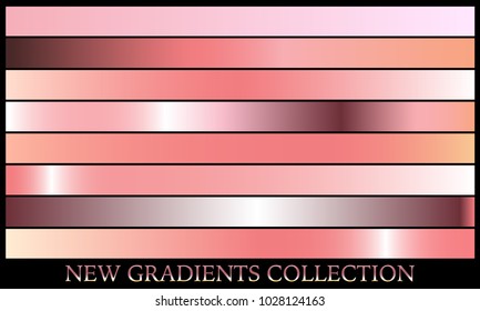 Gold rose gradient set background vector icon texture metallic illustration for frame, ribbon, banner, coin and label. Realistic abstract golden design seamless pattern. Elegant light shine template