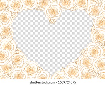 Gold Rose Heart Photo Frame. Floral Top View Flat Lay Picture Border. Elegant Golden Shiny Contour Lines Roses With Leaves, Transparent Background. Hand Drawn Love Greating Card. Wedding Gift.