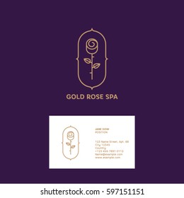 Gold Rose logo and business card. Spa or cosmetic emblem. Rose with leaves on a purple background.