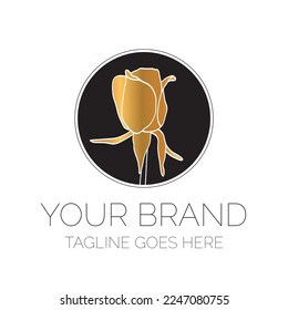 Gold Rose Logo Design. Round Floral Logo on Black Circle